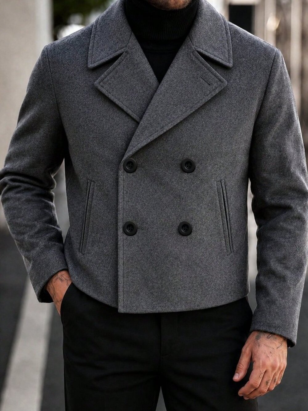 Dark Grey Minimalist Men's Double Button Lapel Short Coat